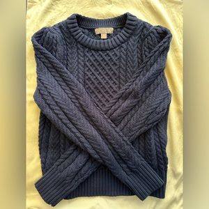J. Crew Cable-Knit Puff-Sleeve Crewneck Sweater, Navy, XXS